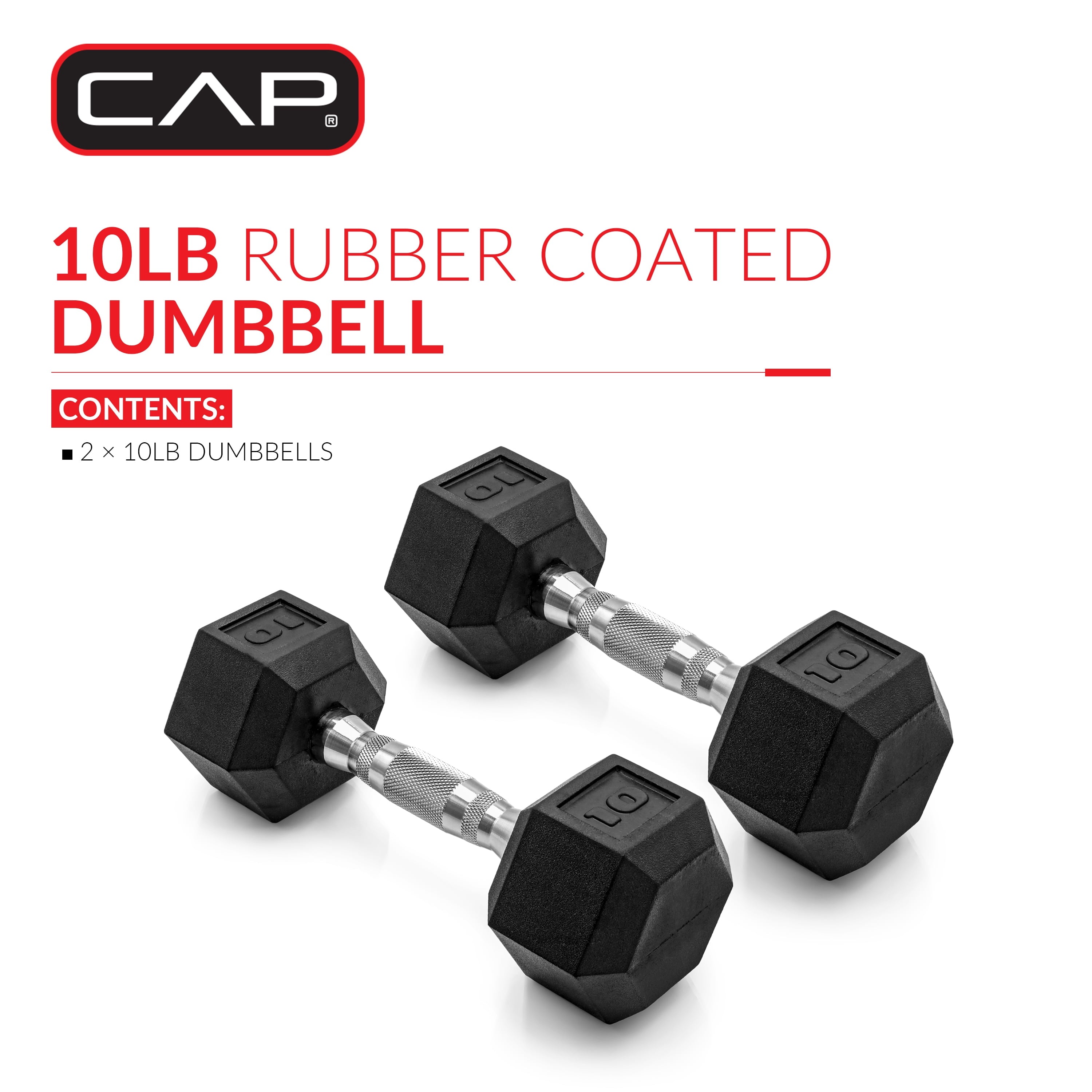 Barbell, 10Lb Coated Rubber Hex Dumbbell, Pair (No-Roll Design, Ergonomic Steel Handle, Durable Coated Weight)