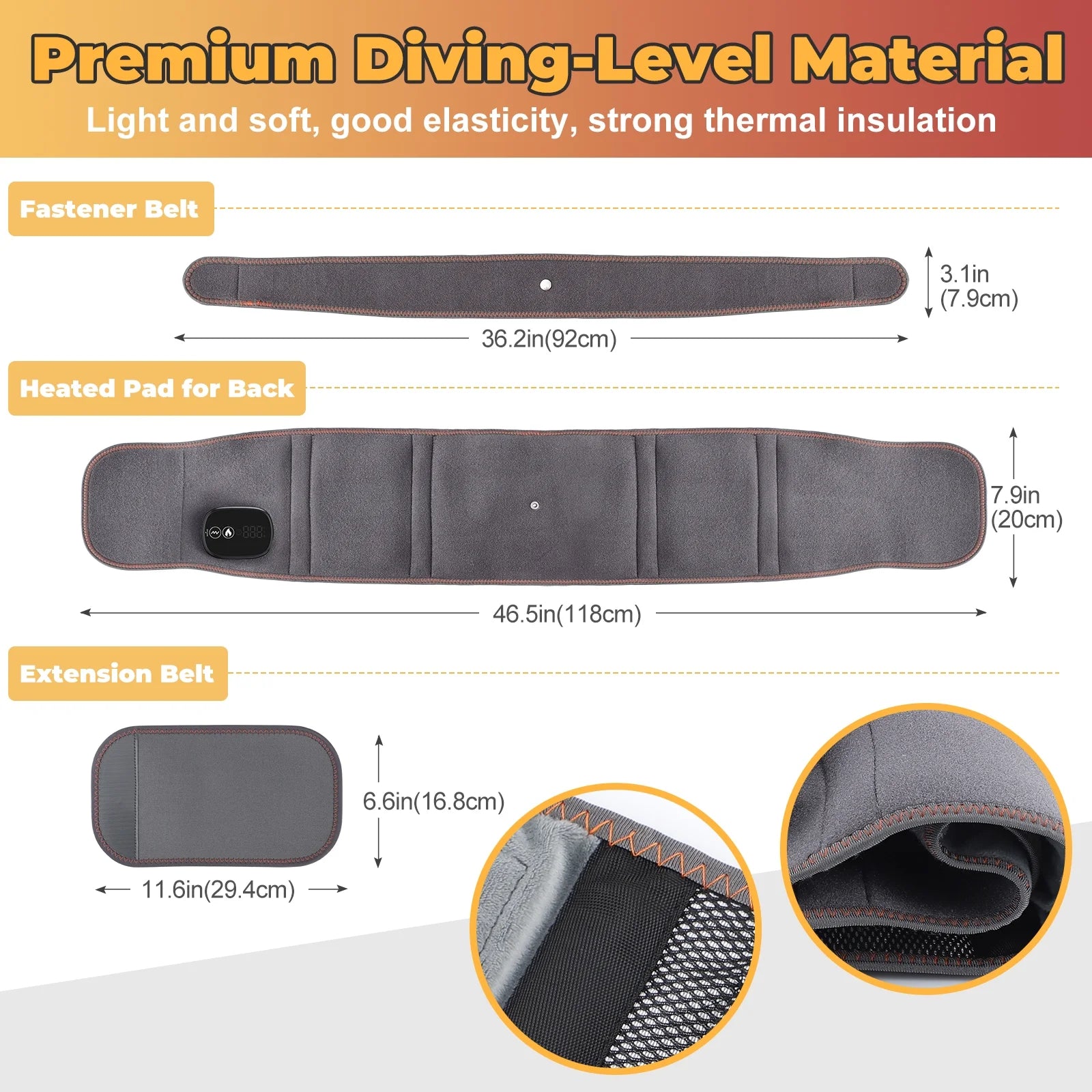 Cordless Heating Pad with Massager for Back,Portable Lower Back Massager Red Light Waist Belt 5000Mah 46*8 in Gray