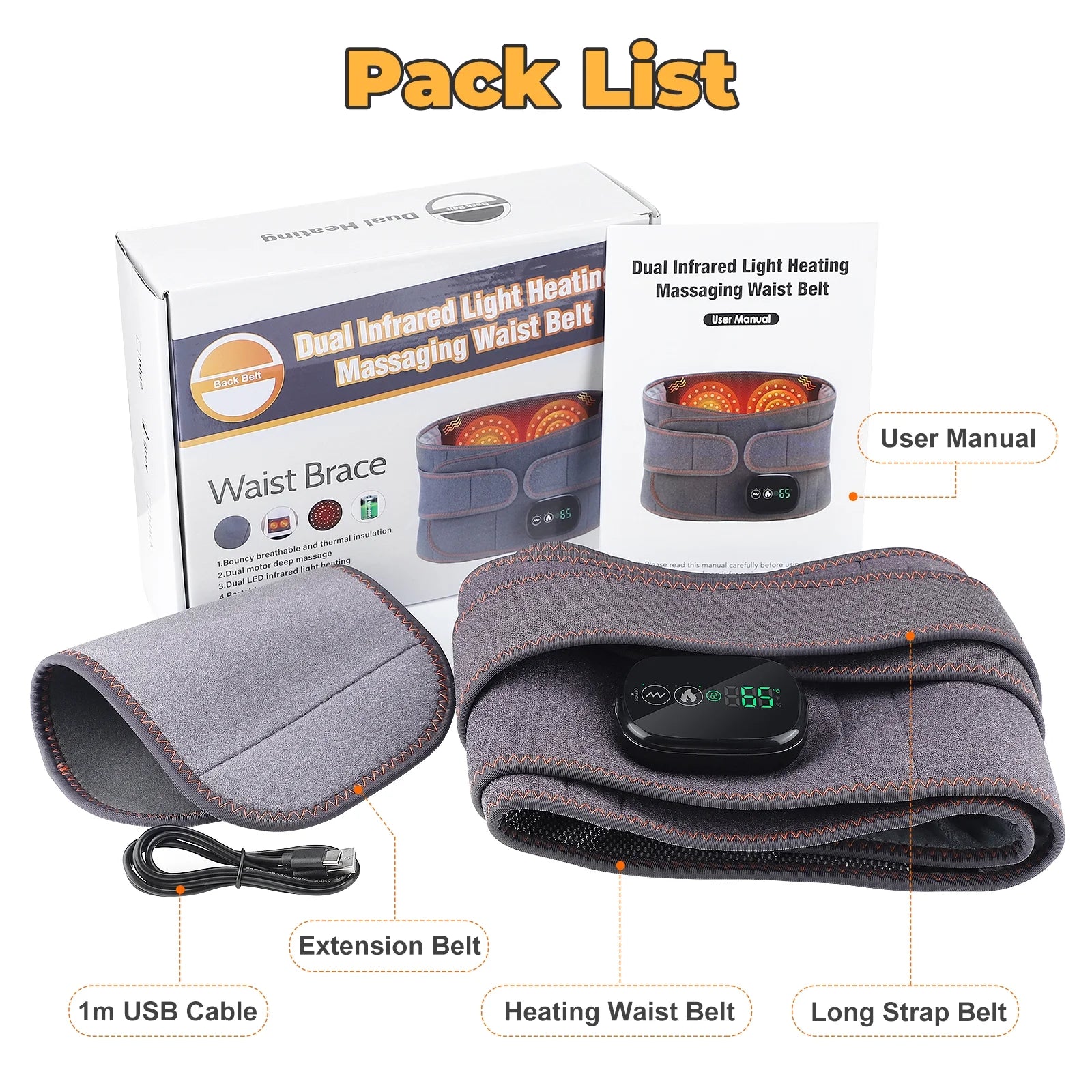 Cordless Heating Pad with Massager for Back,Portable Lower Back Massager Red Light Waist Belt 5000Mah 46*8 in Gray