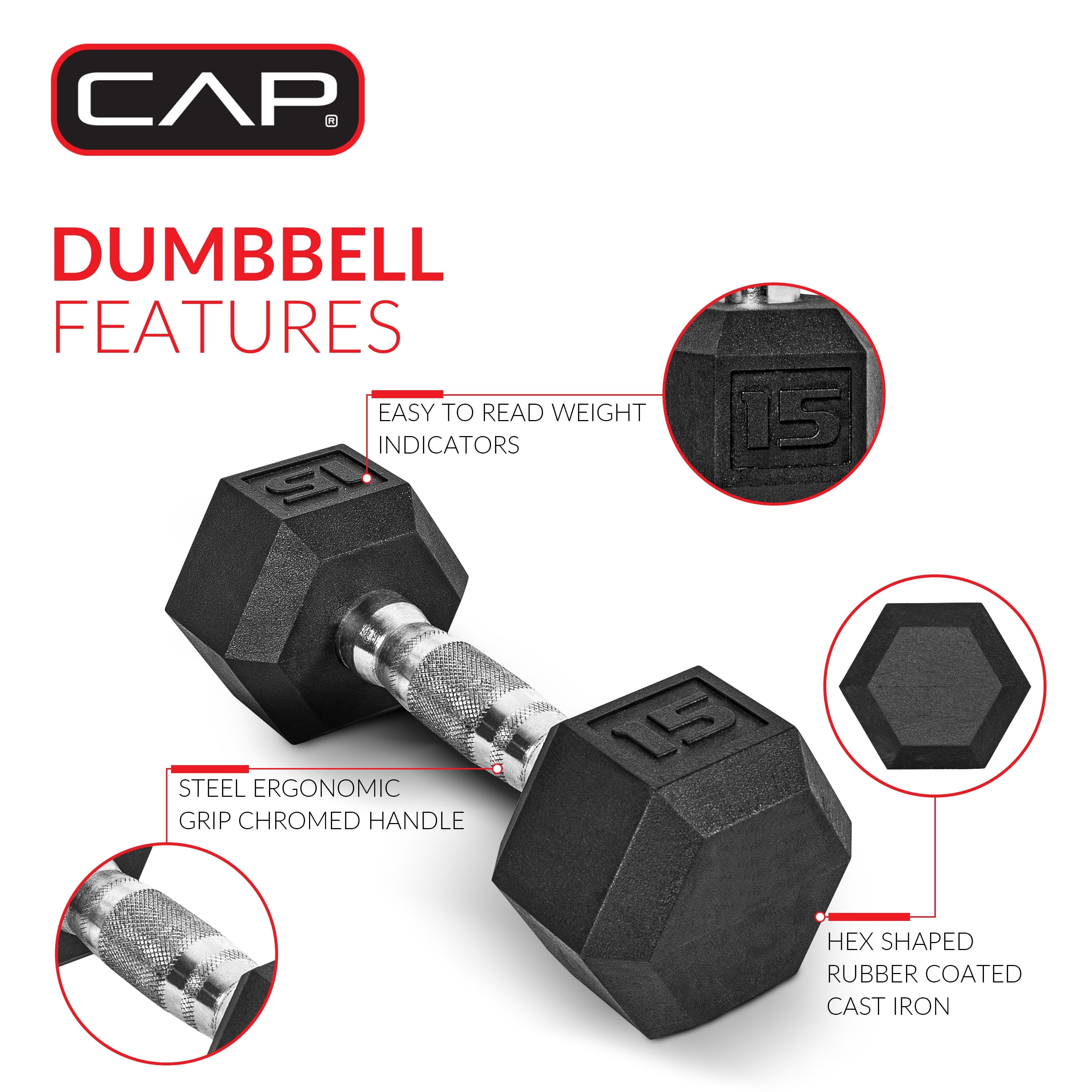 Barbell, 10Lb Coated Rubber Hex Dumbbell, Pair (No-Roll Design, Ergonomic Steel Handle, Durable Coated Weight)