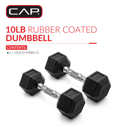 Barbell, 10Lb Coated Rubber Hex Dumbbell, Pair (No-Roll Design, Ergonomic Steel Handle, Durable Coated Weight)