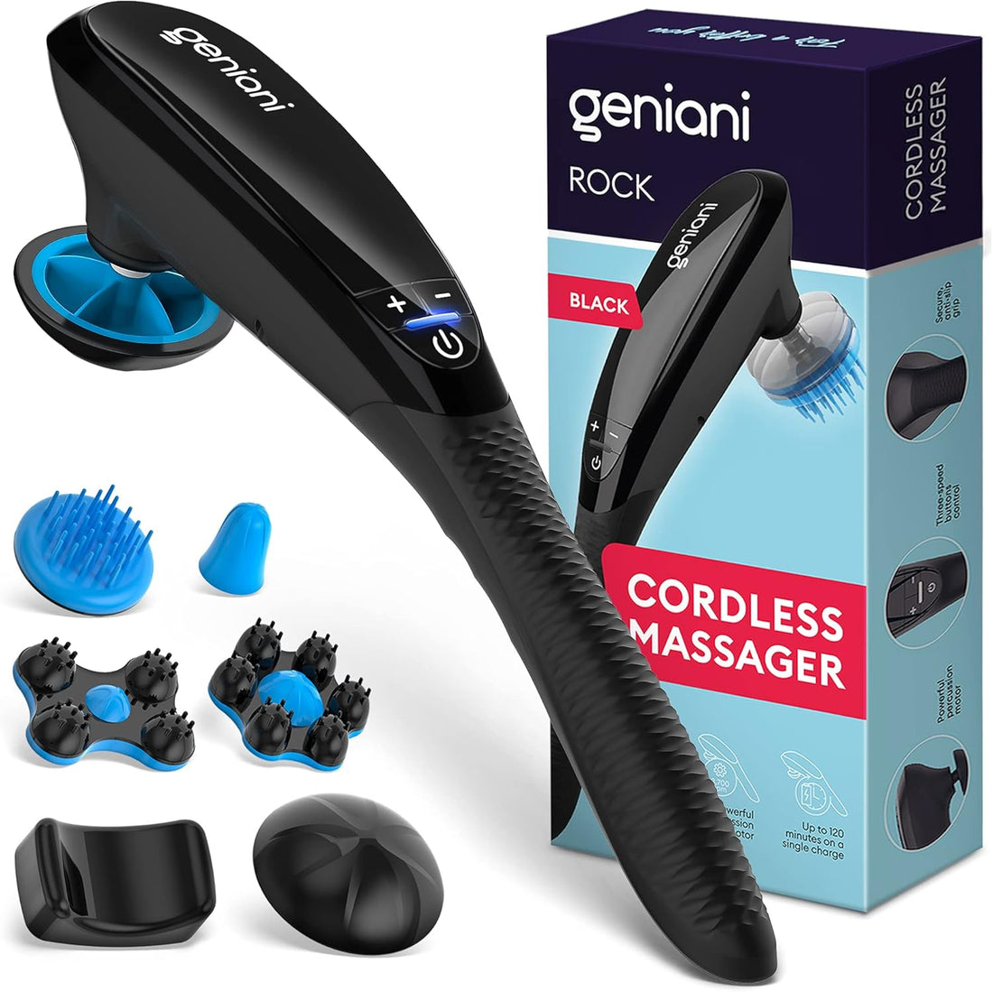 Deep Tissue Massager for Back, Shoulders, Neck &amp; Sore Muscles - Cordless Electric Handheld Massager Full Body Pain Relief - Percussion Massage Therapy for Legs, Feet &amp; Body (Black)