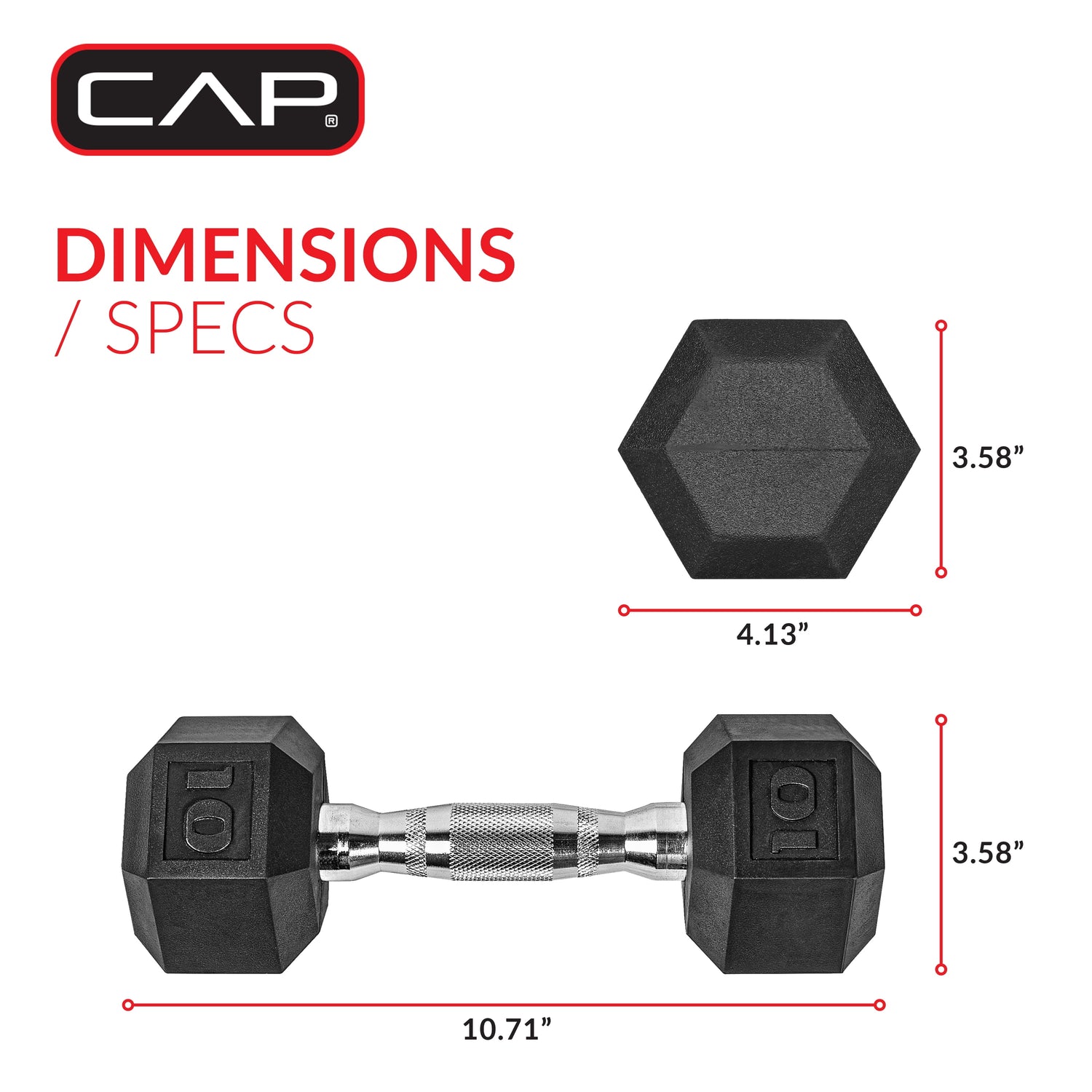 Barbell, 10Lb Coated Rubber Hex Dumbbell, Pair (No-Roll Design, Ergonomic Steel Handle, Durable Coated Weight)