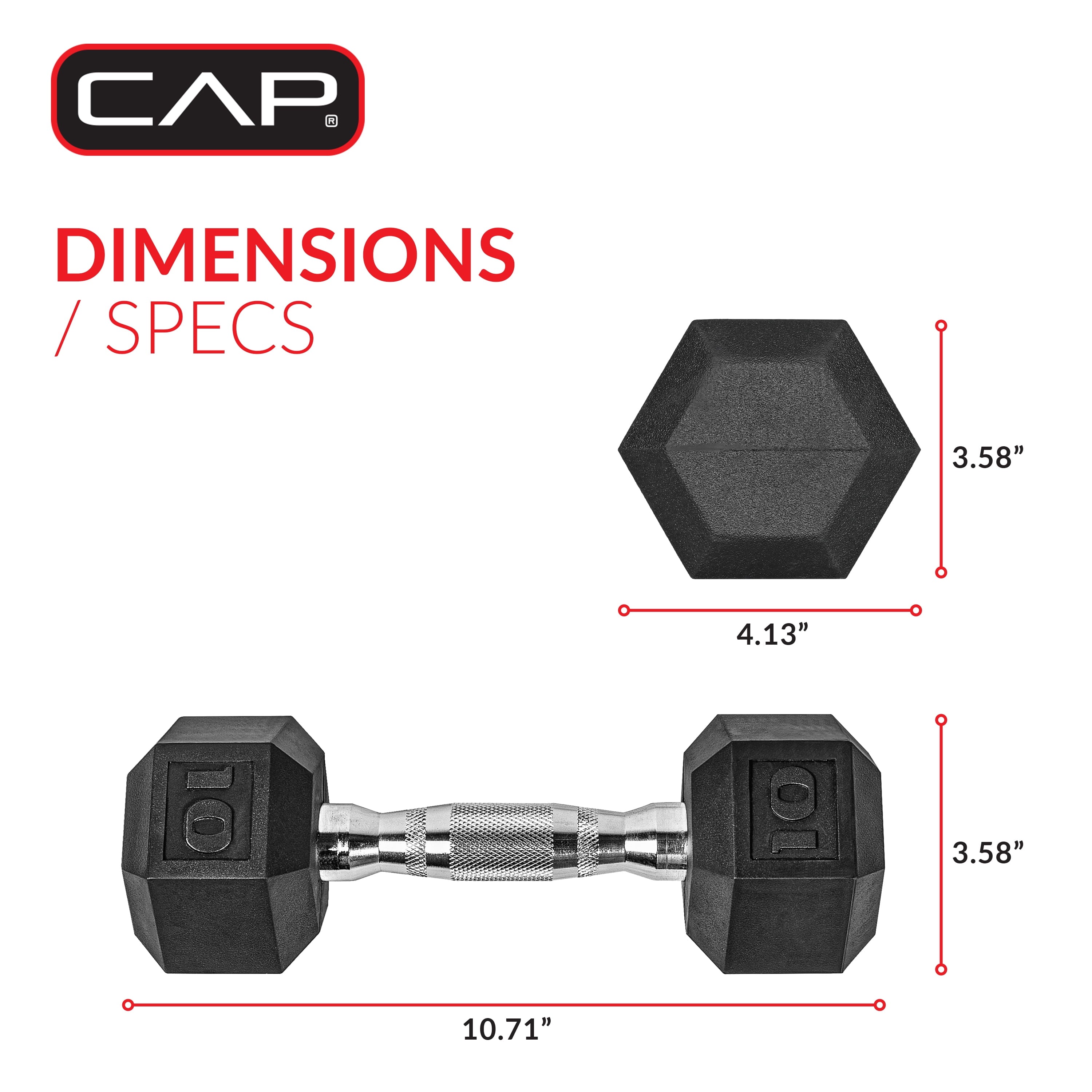 Barbell, 10Lb Coated Rubber Hex Dumbbell, Pair (No-Roll Design, Ergonomic Steel Handle, Durable Coated Weight)