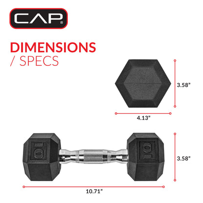 Barbell, 10Lb Coated Rubber Hex Dumbbell, Pair (No-Roll Design, Ergonomic Steel Handle, Durable Coated Weight)