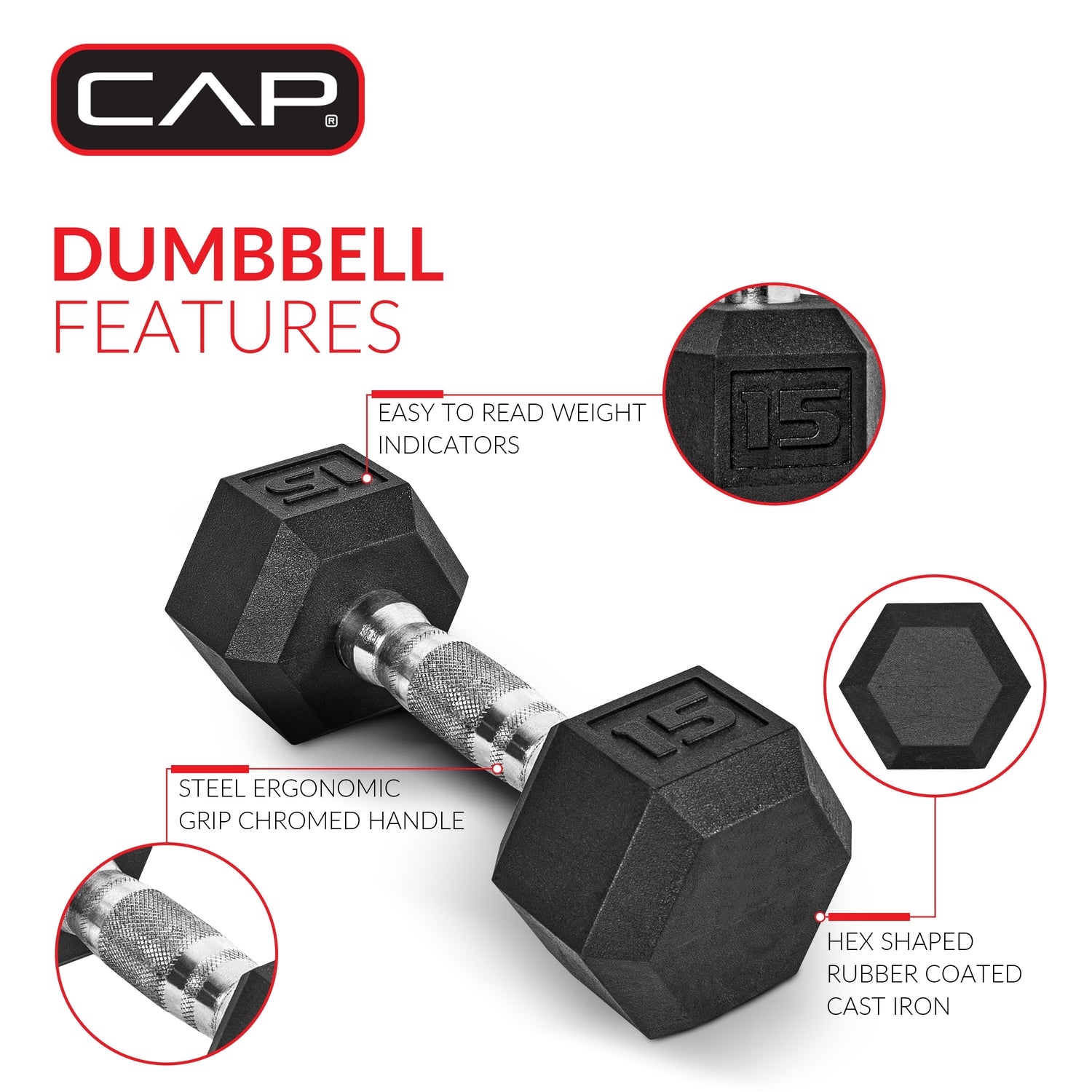 Barbell, 10Lb Coated Rubber Hex Dumbbell, Pair (No-Roll Design, Ergonomic Steel Handle, Durable Coated Weight)