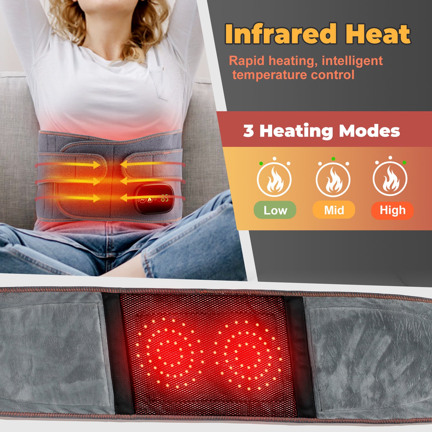 Cordless Heating Pad with Massager for Back,Portable Lower Back Massager Red Light Waist Belt 5000Mah 46*8 in Gray